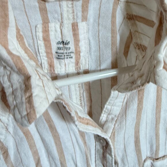 Linen Blend Oversized Button Down Shirt - Tan Vertical Stripes - Picture 10 of 11